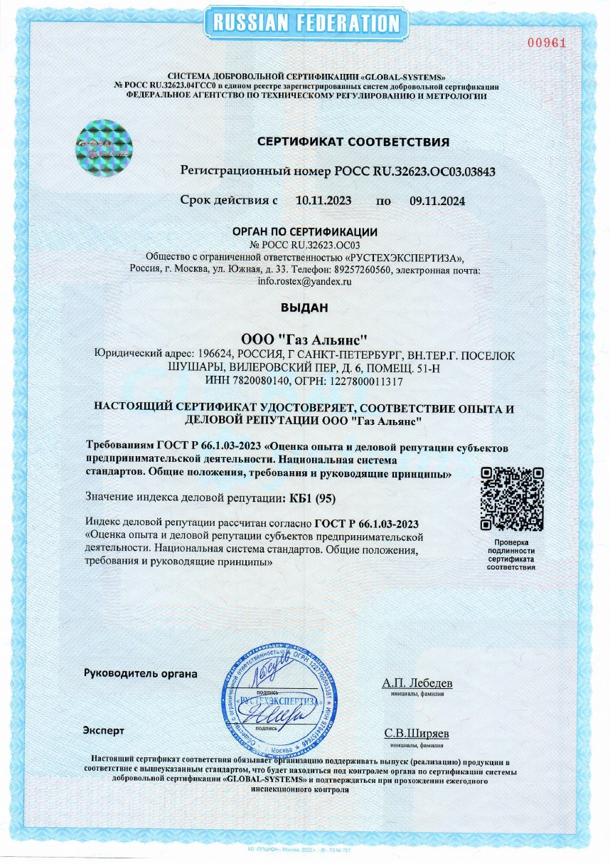 Сертификат соответствие опыта и деловой репутации ГОСТ Р 66.1.03-2023